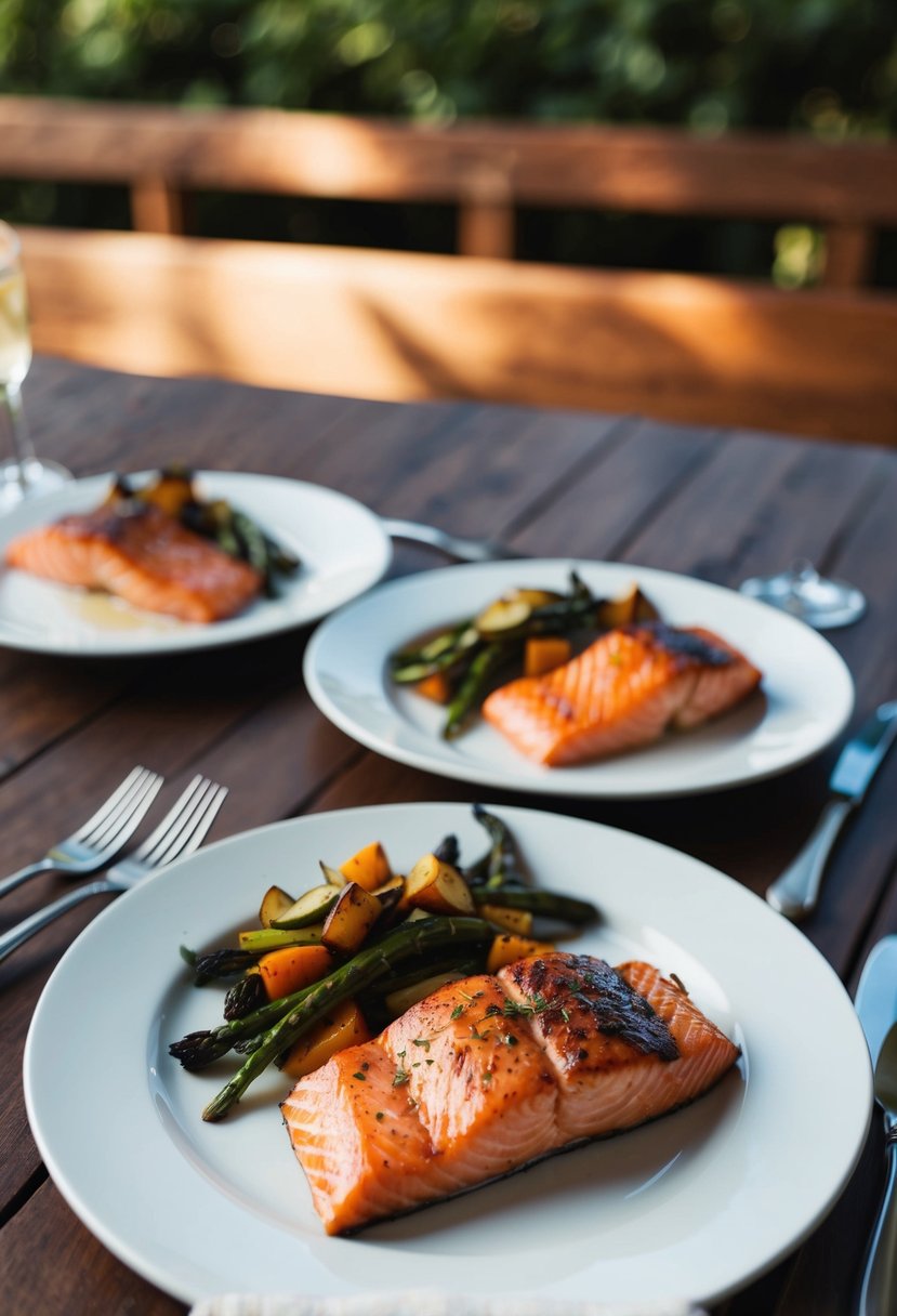 A table set with two plates of grilled salmon and roasted vegetables